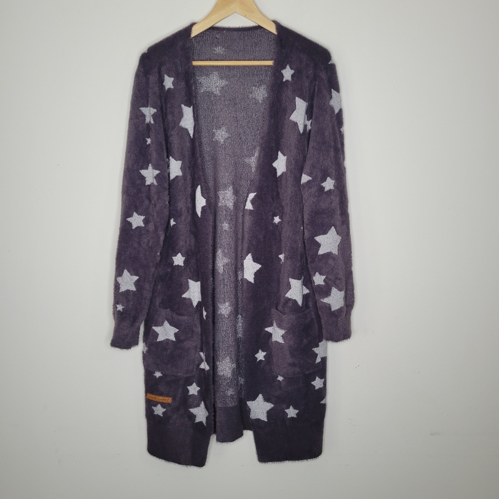 Simply Southern Cardigan Sweater Women's Stars Gray Fuzzy Open Front Large